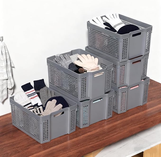 Large Plastic Stackable Basket, Stackable Storage Bins for Pantry, 6 Pack, Grey