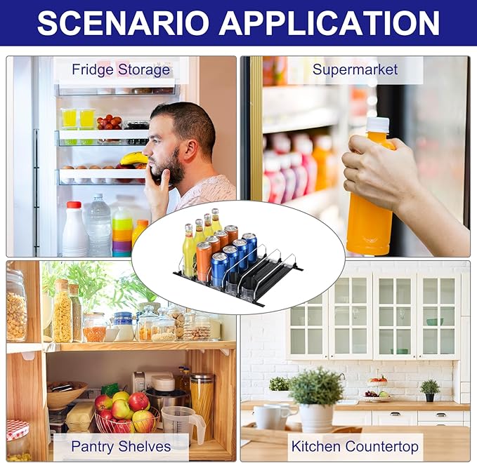uxcell 3pcs Soda Can Organizer for Refrigerator, Self-Pushing Drink Organizer for Fridge, Width Adjustable Drink Dispenser Beverage Pusher For Pantry Vending Machine, Black