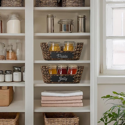 Casafield Set of 2 Water Hyacinth Pantry Baskets with Handles, Chalkboard Labels, and Marker - Espresso, Wide Woven Storage Bin Organizers for Kitchen Shelves