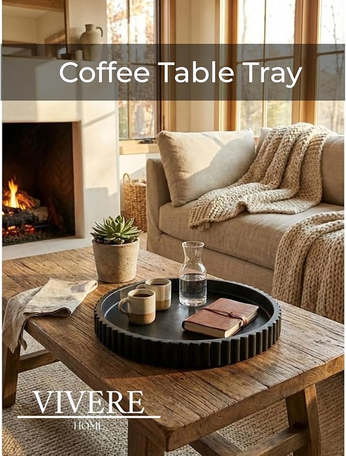 13-Inch Round Coffee Table Tray - Concrete bandejas decorativas Round White Decorative Tray for Coffee Table Decor - Table Centerpieces Kitchen Island Trays Decorative Trays - Dining Room Tray Black