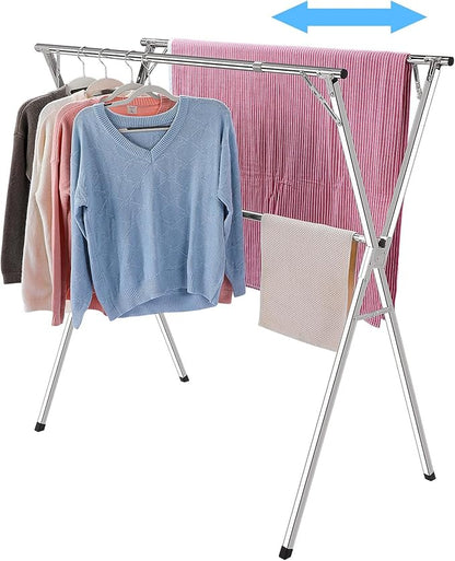 funest Drying Rack Clothing, 79 Inches Adjustble & Foldable Laundry Drying Rack, Heavy Duty Stainless Steel Clothes Drying Rack with 20 Hooks, 12 Clips, Suitable for Indoor, Outdoor and Balcony