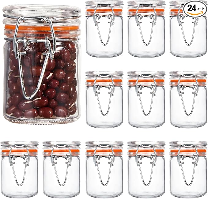 Norme 24 Pcs 1.7 oz Mini Glass Spice Jars with Airtight Hinged Lid Empty Spice Bottles with Leak Proof Rubber Gasket Small Clear Stash Jars for Home Kitchen Herb Tea Seasoning Sugar Storage Containers