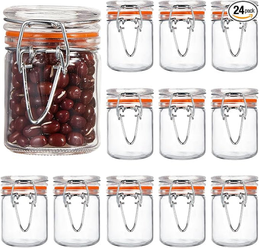 Norme 24 Pcs 1.7 oz Mini Glass Spice Jars with Airtight Hinged Lid Empty Spice Bottles with Leak Proof Rubber Gasket Small Clear Stash Jars for Home Kitchen Herb Tea Seasoning Sugar Storage Containers