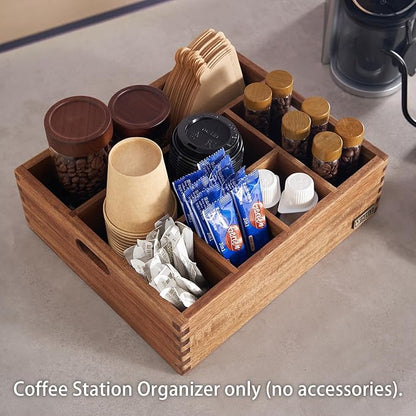 Acacia Wood Coffee Station Organizer for Countertop, Coffee Pods Holder & Condiment Storage Basket, 12-Inch Rustic Farmhouse Bar Decor for Tea Cups, Syrup, Stirrers, Accessories