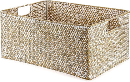 Hipiwe Seagrass Storage Basket Bin Rectangular Handwoven Wicker Storage Box with Handle Opened Baskets Box for Shelf Organizing Closet Bathroom, 15.7" L x 11.8" W x 7.5" H