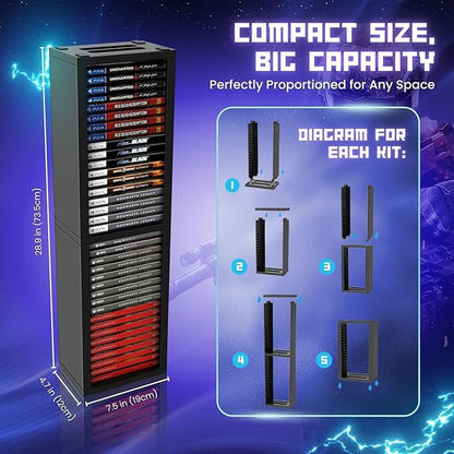 TNP Universal Video Game Storage Tower for PS5, PS4, PS3, Nintendo Switch, Xbox One, Xbox Series S/X - Black Video Game Holder Organizer Stand with 36 CD Case Storage for Organizing & Displaying