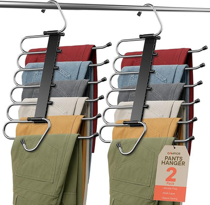 Black Space Saving Pants Hangers 2 Pack, 6 Layer Jeans Hangers and Closet Organizer for Jeans, Scarves, Skirts, Multi-Layer Hanger with Anti-Slip Coating & Stopper, Heavy-Duty S-Type Stainless Steel