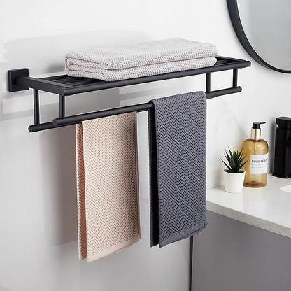 Towel Rack for Bathroom 24 Inch Wall Mounted Towel Rack Matte Black Towel Shelf with Double Towel Bar SUS304 Stainless Steel Towel Holder for Bathroom Wall Hotel Towel Rail