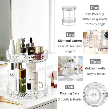 HsaExtriva 360 Rotating Makeup Organizer for Vanity, 2 Tier Diamond Patterned Perfume Organizer for Women, Large Capacity Skincare Lotion Cosmetic Storage Dresser Bathroom Countertop Lazy Susan, Clear