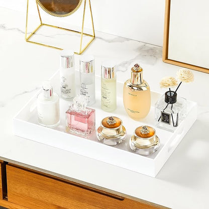 Glossy White Sturdy Acrylic Serving Tray with Handles 10x15x2H Inches -Spill Proof- Decorative Trays Countertop Organizer for Ottoman Coffee Table Nightstand, sidetable, Breakfast, Tea, Food