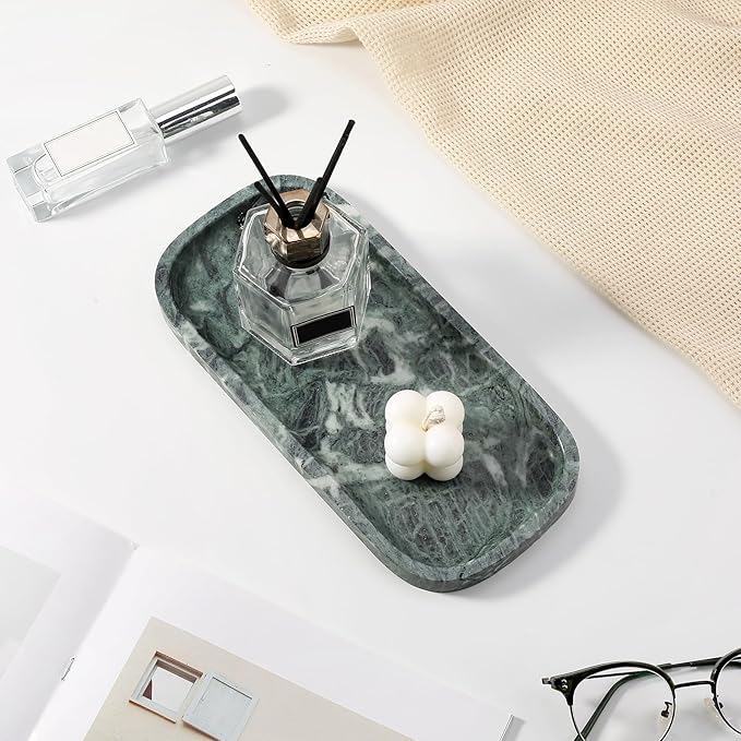 Koville Marble Tray, 10"x5" Marble Vanity Tray for Bathroom Countertop Kitchen Sink, Rectangular Stone Tray for Perfume Fragrance, Decorative Catchall Tray Jewelry Cosmetics Organizer(Green)