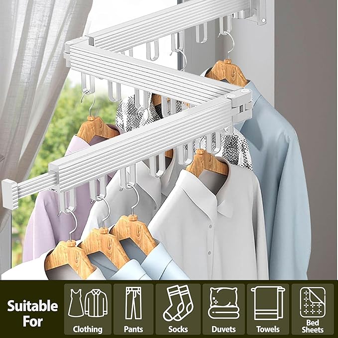 Clothes Drying Rack - Comes with Portable Travel Clothes Hanger 2X -Wall Mounted Drying Rack - Space Saving - Easy to Install - Clothes Hanging - Retractable - (Tri-Fold) (White/Beige)