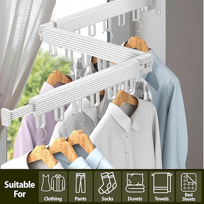 Clothes Drying Rack - Comes with Portable Travel Clothes Hanger 2X -Wall Mounted Drying Rack - Space Saving - Easy to Install - Clothes Hanging - Retractable - (Tri-Fold) (White/Beige)