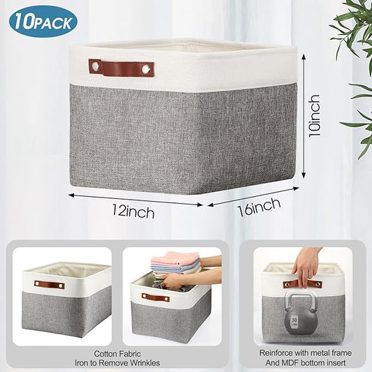 Uiifan 10 Pcs Collapsible Storage Bins Fabric Foldable Storage Basket with Handles Cloth Organizer Linen Shelf Baskets for Shelves Home Closet Nursery Toys(16 x 12 x 10 Inch,Gray and White)
