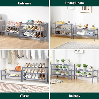 Smiry Bamboo Shoe Rack for Closet, 3 Tier Wooden Stackable Shoe Organizer, Free Standing Shoes Storage Shelf for Entryway, Front Door Entrance, Grey