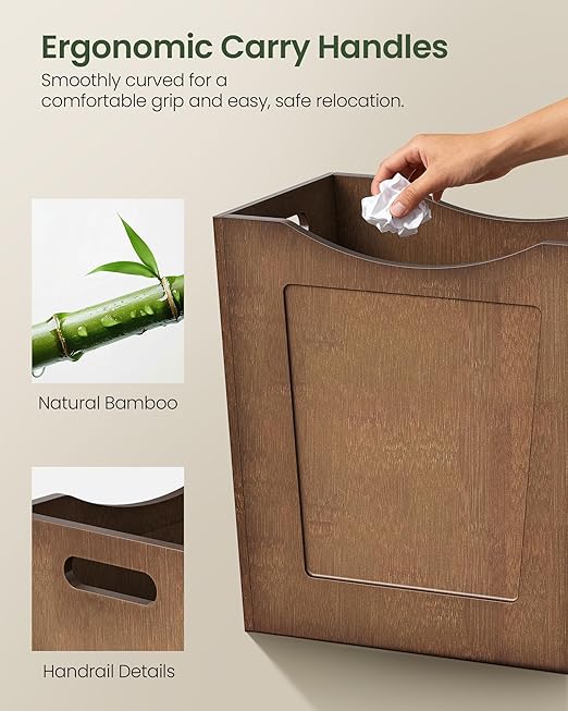 Bamboo Trash Can, Curved Design Multi-Use Bin for Bedroom, Office, Bathroom, Kitchen, Wastebasket for Paper & Towel Storage, Natural Brown MCW30MA