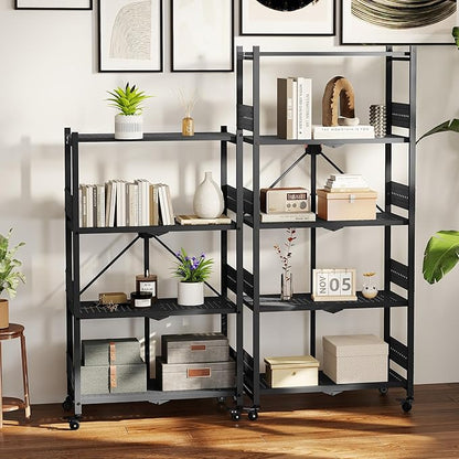 WORKPRO 5-Tier Folding Shelf, No-Assembly Metal Storage Rack with Wheels, 750 lbs Capacity (with Leveling Feet), Collapsible Shelving Unit for Kitchen, Pantry, Bathroom & Closet Organization