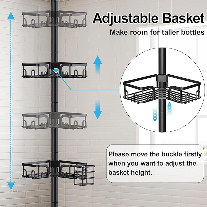 Clothink Corner Shower Caddy Tension Pole 4 Tier Adjustable Stainless Steel Shower Shelf for Inside Shower Bathtub Shampoo,Standing Bathroom Organizer Shelves with 39 to 113 inch Height