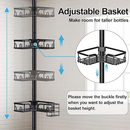 Clothink Corner Shower Caddy Tension Pole 4 Tier Adjustable Stainless Steel Shower Shelf for Inside Shower Bathtub Shampoo,Standing Bathroom Organizer Shelves with 39 to 113 inch Height