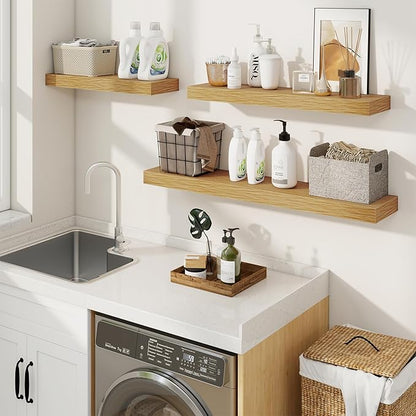 fuqing Floating Shelves for Wall, Wall Mounted Wood Floating Shelf with Invisible Brackets for Living Room, Bathroom, Bedroom, Kitchen Storage and Decor, 32 Inch Set of 2, Oak