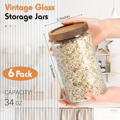 Domensi 6 Pcs Vintage Glass Jars 34 oz Glass Storage Jars with Lids Begonia Pattern Airtight Storage Jars for Kitchen Counter, Pantry, Coffee Bean, Grains, Tea, Sugar, Flour, Candy, Oats