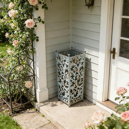 Vintage Blue Umbrella Holder for Entryway,Distressed Blue Iron Umbrella Stand with Hollow Out Vine Pattern,Removable Drip Tray,20.08"H×8.07"W×6.89"D Umbrella Organizer for Doorway Patio.