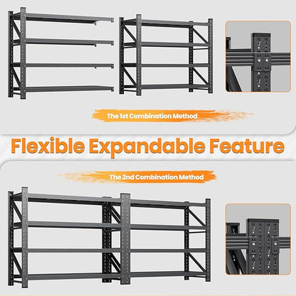 71”W Garage Shelving Units, 5000LBS Storage Shelves Heavy Duty, 24" Deep Metal Shelving Rack, 4 Tier Large Tall Industrial Shelving , Adjustable Standing Shelf for Warehouse / Shop 71"W x 24"D x 70"H