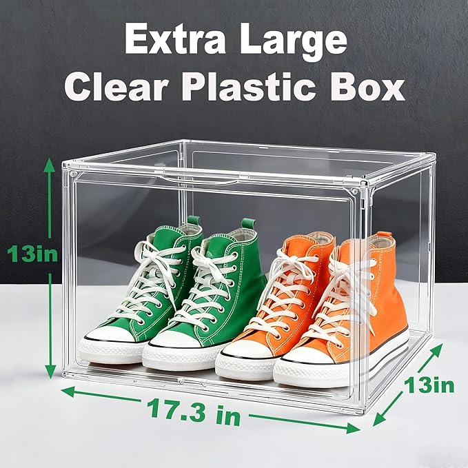 5 Pack XXX-Large Super Large Acrylic Display Case Figures Collectibles Helmet Showcase Boot & Shoe Boxes Clear Stackable Plastic Storage Bins Organizer with Magnetic Lid, 5 Pack with 2 Shoe Bags