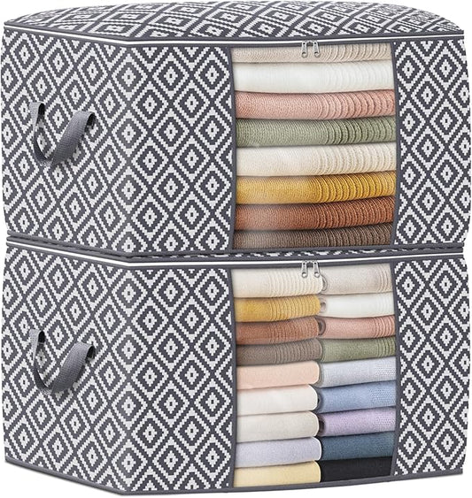 StorageTastic Direct 100L, 2 Pack, Storage Containers, Large Clothes Storage Bins Foldable Organization and Storage Bags with Reinforced Handle, Clear Window for Bedding, Blankets, Clothing, Grey