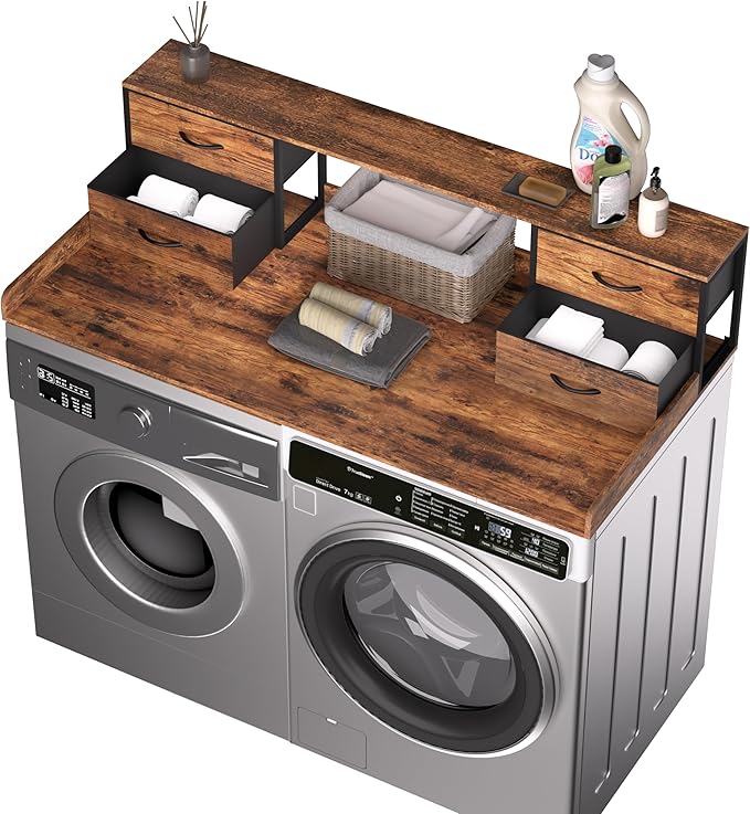 Washer and Dryer Countertop, 27.5" D x 53.9" W x 12.9" H Solid Wood Washer Dryer Countertop with Organizer Shelves with Four Drawers for Laundry Room Organization (Rustic Brown)