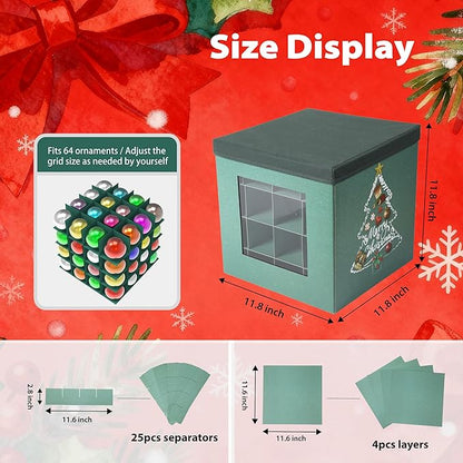 Christmas Ornament Storage Box with Lid - Holds 64 Ornaments, Large Sturdy & Foldable Organizer Case for Holiday Decor 11.8x11.8x11.8 Inch