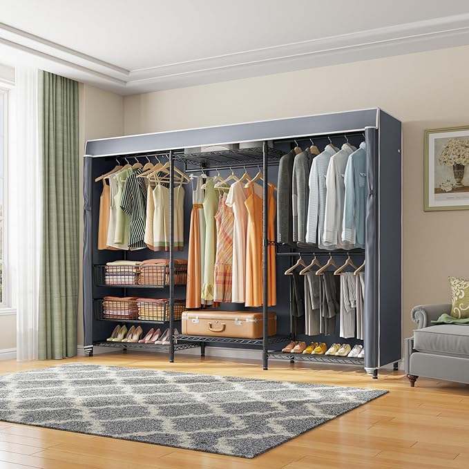 VIPEK V10C Portable Closets Heavy Duty Clothes Rack with Slid Basket, Wardrobe Closet, Black Clothing Rack with Grey Oxford Fabric Cover, Adjustable Closet Storage Rack 70.1" Lx17.3 Wx76.4 H