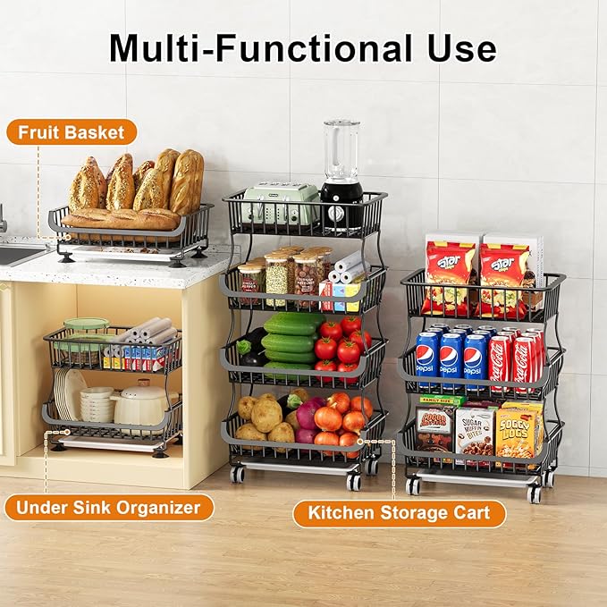 3 Tier Rolling Pantry Floor Organizers and Storage Cart with Wheels, Stackable Wire Fruit Basket Stand for Kitchen Organization, Three Tiered Pantry Storage Rack for Snack, Vegetable, Produce, Fruits