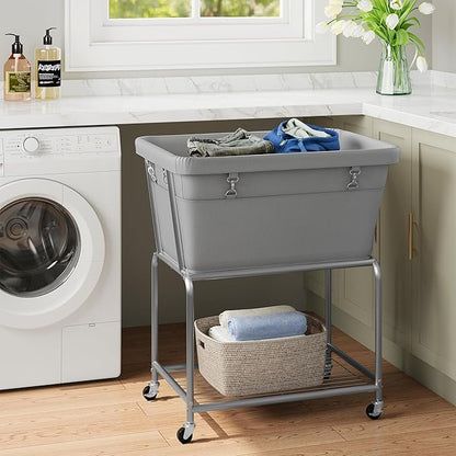 ELYKEN Laundry Cart with Wheels, Rolling Laundry Hamper with Removable Bag and Shelf, Metal Frame Laundry Basket with 4 Casters and 2 Brakes, Ideal for Bedroom, Bathroom, Laundry Room, Gray