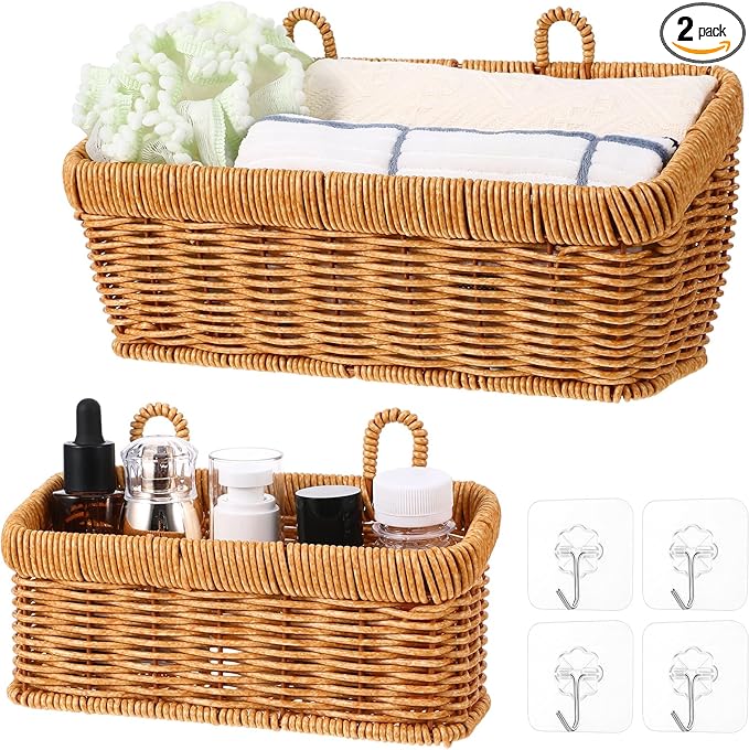2 Pcs Wall Hanging Basket Wall Mount Pantry Fruit Basket Boho Style Decor Storage Baskets Adhesive Bathroom Cabinet Organizer for Bathroom Kitchen Garden Living Room with 4 Hooks