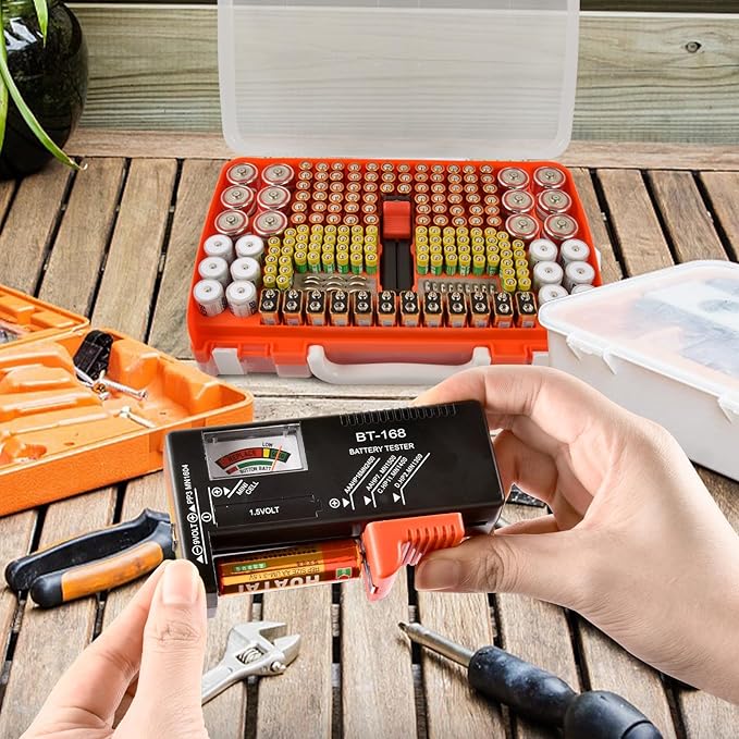 Battery Organizer Storage Holder Case with Double-Sided, Garage Box with Tester Checker. Batteries Container for 269pcs AA AAA AAAA 3A 4A 9V C D Lithium 4LR44 CR2 CR123A CR1632 CR2032 18650 - Orange