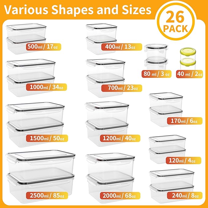 GEIKR 52 PCS Large Food Storage Containers with Lids Airtight, BPA-Free Leakproof Plastic Meal Prep Containers Reusable,Microwave & Dishwasher & Freezer Safe,Includes Labels & Pen