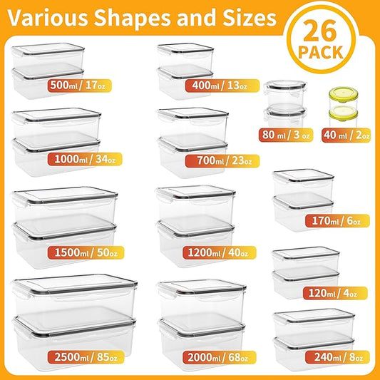 GEIKR 52 PCS Large Food Storage Containers with Lids Airtight, BPA-Free Leakproof Plastic Meal Prep Containers Reusable,Microwave & Dishwasher & Freezer Safe,Includes Labels & Pen