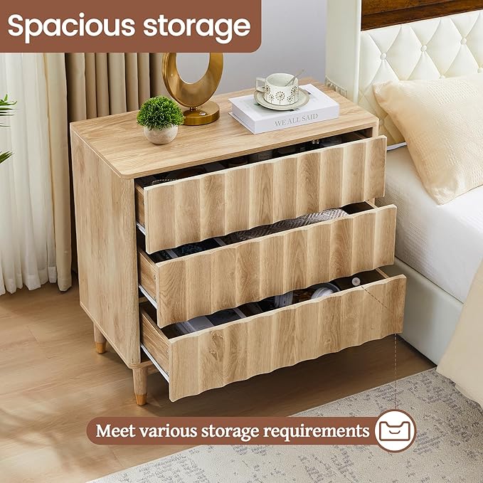 Bifins Fluted 3 Drawer Dresser, 31.5" Wide Modern Storage Chest of Drawers, Wood Drawer Organizer for Bedroom, Living Room, Hallway
