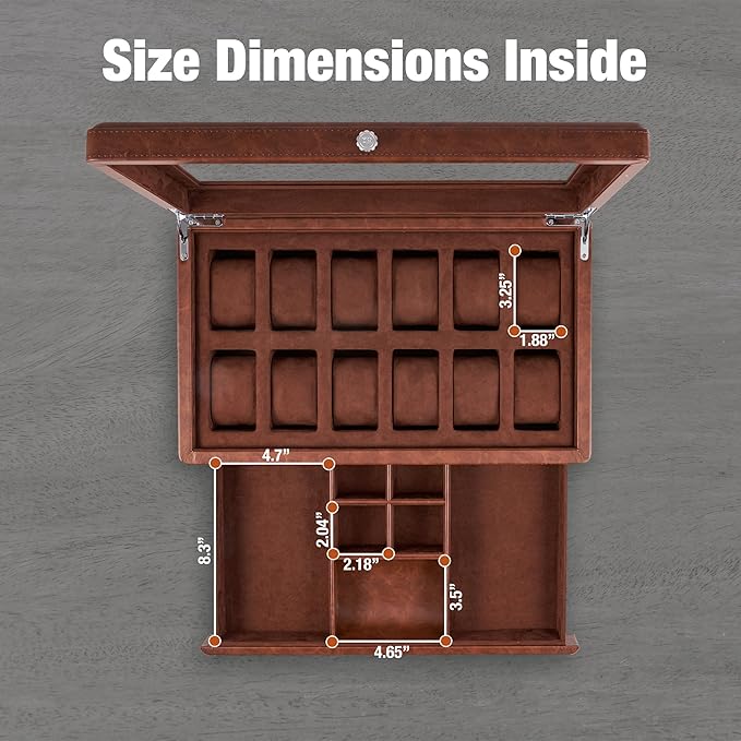 Awesometik 12 Slot LUXURY Faux Leather Watch Box Organizer. Real Glass Top. Watch Display & Watch Holder for Men. Watch Collection, Protection. For Men Ready to Gift (12 Slot Watch Box with Drawer)
