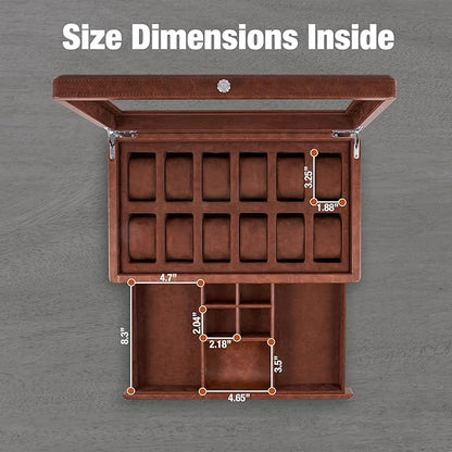 Awesometik 12 Slot LUXURY Faux Leather Watch Box Organizer. Real Glass Top. Watch Display & Watch Holder for Men. Watch Collection, Protection. For Men Ready to Gift (12 Slot Watch Box with Drawer)