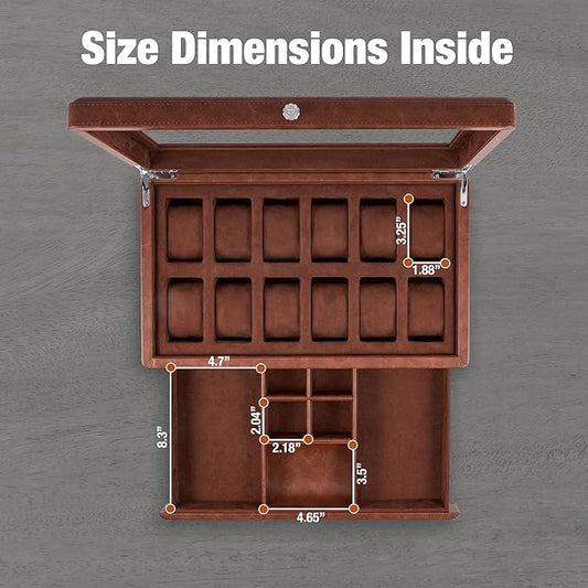 Awesometik 12 Slot LUXURY Faux Leather Watch Box Organizer. Real Glass Top. Watch Display & Watch Holder for Men. Watch Collection, Protection. For Men Ready to Gift (12 Slot Watch Box with Drawer)
