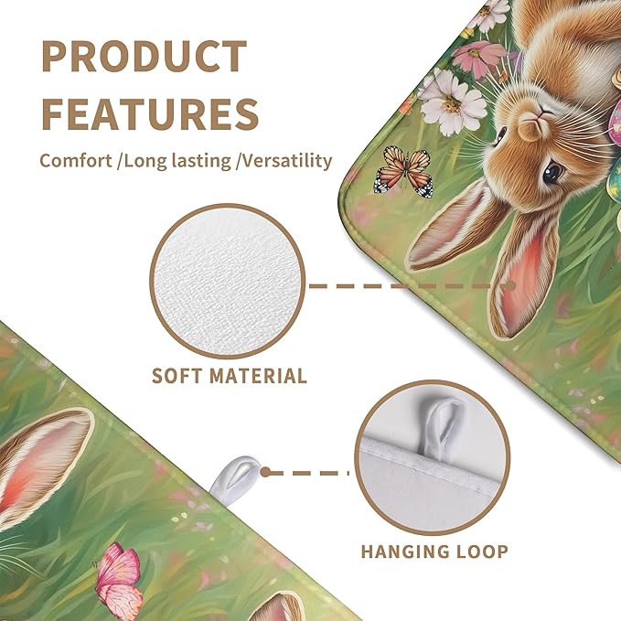 Wnoesat Easter Bunny Eggs Dish Drying Mat for Kitchen Counter 18x24 Inch Spring Easter Rabbit Flowers Large Drying Mat Microfiber Dish Drainer Rack Mats Absorbent Reversible Dishes Pad Dish Dryer Mat
