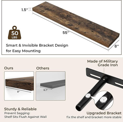 RICHFOCUS 55Inch Floating Shelves for Wall 1 Pack Shelves for Bedroom|Kitchen|Bathroom Wall Mounted Rustic Wood Floating Shelf with Invisible Brackets for Books|Storage|Decor, Rustic Brown