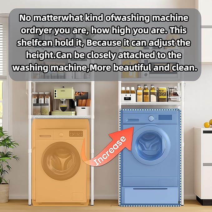 The Storage Rack Above The Washing Machine, Dryer, and Refrigerator has Been Widened in Width. There are Laundry Bags and Drying Pockets. Adjustable Height Laundry Room Shelves Organizer(White)