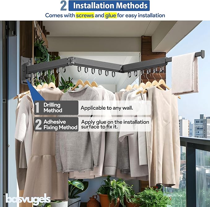 Clothes Drying Rack - Comes with Portable Travel Clothes Hanger 2X -Wall Mounted Drying Rack - Space Saving - Easy to Install - Clothes Hanging - Retractable - (Tri-Fold) (Dark Gray)