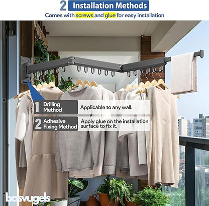 Clothes Drying Rack - Comes with Portable Travel Clothes Hanger 2X -Wall Mounted Drying Rack - Space Saving - Easy to Install - Clothes Hanging - Retractable - (Tri-Fold) (Dark Gray)