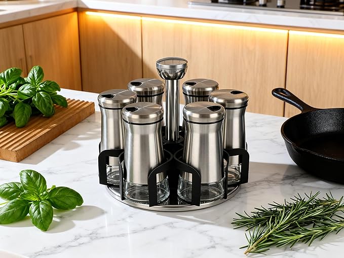 LCshuyao 360° Rotating Spice Rack，Spice Rack Organizer for Cabinet - Includes 6pcs Glass Spice Jars and Labels,Spice Storage, Cooking, Outdoor BBQ,(Spices Not Included) (Modern)