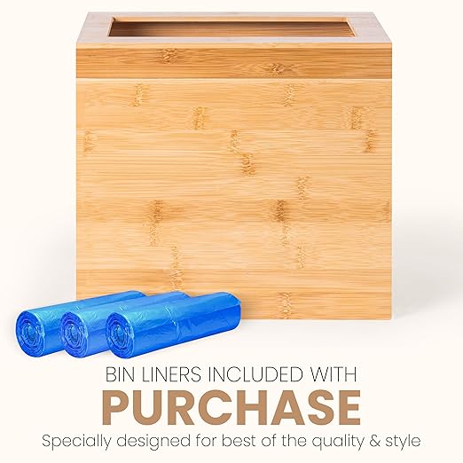 Bamboo Trash Can with Bin Liner Built-in Frame and Premium Lid - Wooden Bathroom Trash can, Bamboo Wastebasket for Bathroom, Bedroom, Living Room, Kitchen or Office