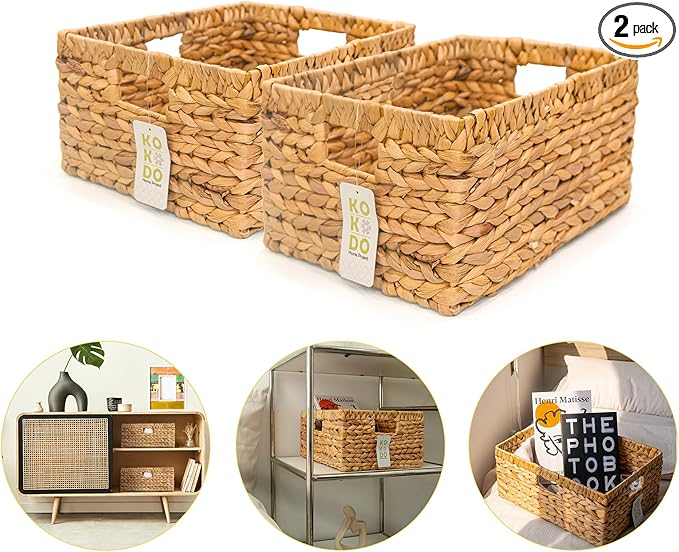 KOKODO Pack of 2 Large 15"L x 11"W Wicker Storage Baskets with Chalkboard, Stylish and Durable Water Hyacinth Rectangle Handwoven Basket Bin with Metal Frame & Handle for Room Organizing